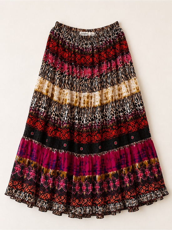 Forbidden Los Angeles Dresses & Skirts - Mixed-Print Tiered Maxi Skirt in Red, Pink & Cream
